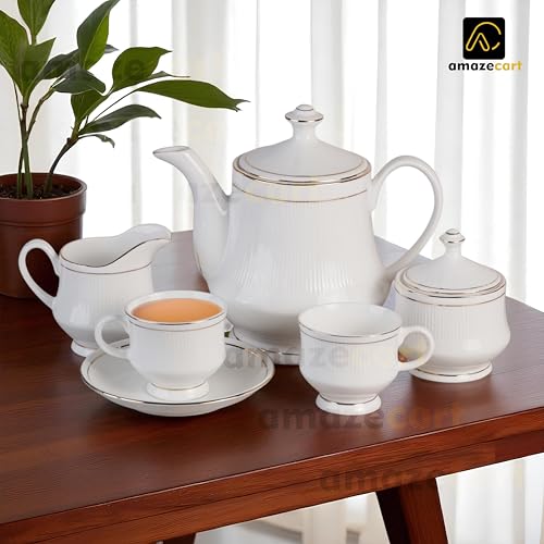 Image of Bone China Tea Set Gold Line in Royal Look(Set of 15 Pieces:6 Cups::6 Saucers::1 Milk Pot::1 Kettle& 1 Sugar Pot)