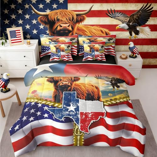 Image of Highland Cow Full Size Bed Sheets and Comforter Set American Flag Western 7-Piece Bedding Set Cowboys Gifts for Men Texas Star Bed in a Bag,Longhorn Bull Cattle Eagle Bed Sets,Red Blue Farmhouse Decor