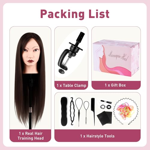 Image of Mannequin Head with 90% Human Real Long Hair, Cenoz 26 inch Hairdresser Cosmetology Training Head with Stand and Tool, Manikin Training Practice Head, Doll Head for Hair Styling Braiding DIY（Dark Brown）