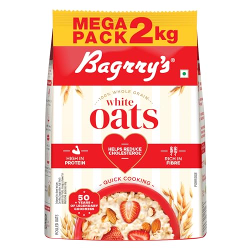 Bagrry's White Oats 2kg | Premium Whole Grain Oats | High Fibre & Protein | Non-GMO & No Added Preservatives | Supports Weight Management & Heart Health | Healthy & Natural Instant Breakfast Cereal