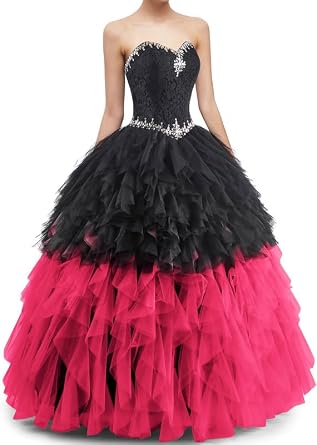 Likedpage Womens Strapless Ball Gown, Black and Multicolored Tulle, Layered Ruffles, Crystal Embellished, Floor Length