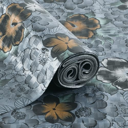 Image of Kuber Industries 5 Meter PVC Anti Slip Roll | Shelf Liners for Kitchen Shelves | Cupboard Liners for Wardrobe | Drawer Mats /Sheets for Cabinets | Black Flower - Grey
