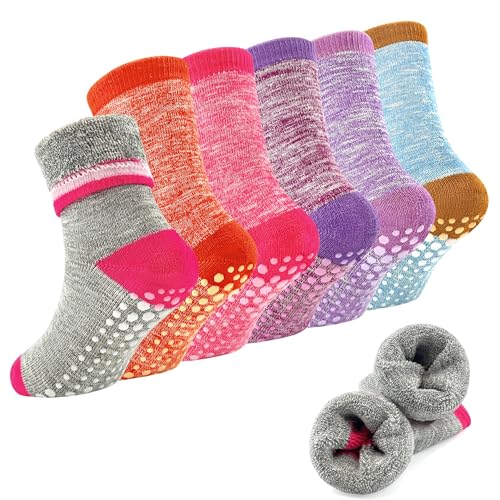 GRPSKCOS Lot de 6 paires de chaussettes antidérapantes épaisses pour enfants de 1 à 7 ans, 06 Radis rouge + rose pâle, 3-5 Years