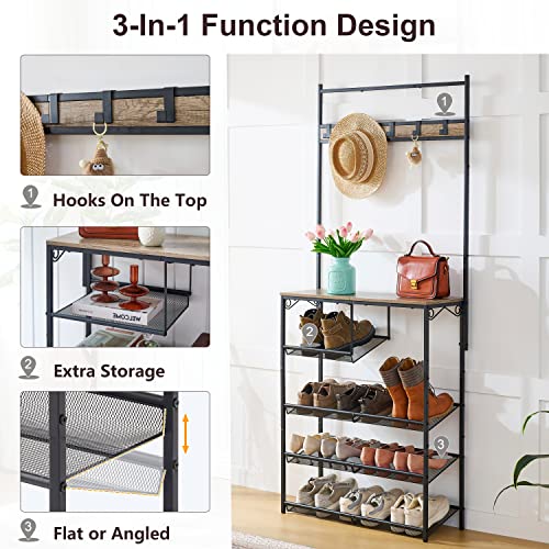 Hoctieon 5-Tier Freestanding Coat Rack With Adjustable Mesh Slant, Sturdy Hall Tree Designed For Boots Storage And Shoes Storage, Multifunctional Shoe And Coat Rack For Entryway, Greige #TOP1