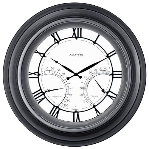 Image of AcuRite 24 inch Illuminated LED Large Outdoor Decorative Clock with Thermometer and Hygrometer Combo (75026M), Pewter