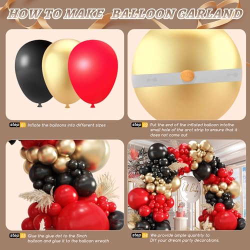 Image of 412Pcs Red Black Gold Balloons Arch kit,18 12 10 5 Inch Different Size Latex Balloons for Anniversary Casino Night Hollywood New Years Movie Night Birthday Decorations