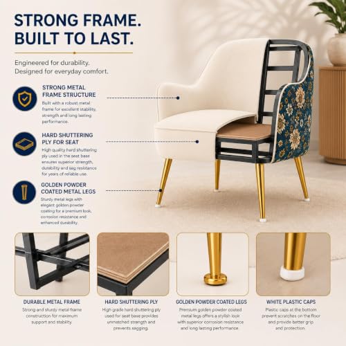 Image of Accent Chair with Pouf for Living Room | Modern Fabric Armchair with Golden Legs & Matching Footstool | Stylish Lounge Chair for Bedroom & Home (Off White, Big Zara Floral with Puffy)