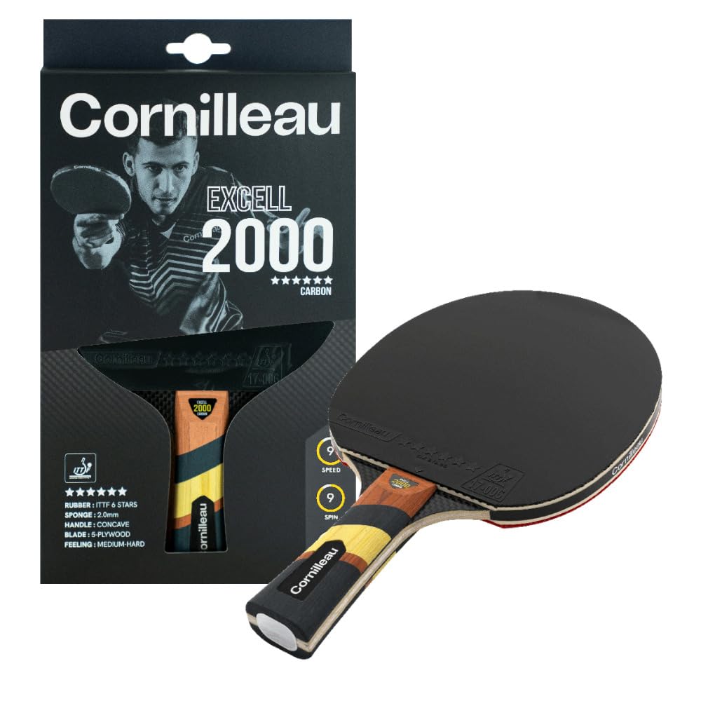 Cornilleau Tischtennisschläger Excell 2000 Carbon – ITTF-Belag – Profi-Tischtennis Schläger mit Carbon-Technologie – Ideal für Allround-Offensivspieler – Speed: 9, Spin: 9, Control: 6