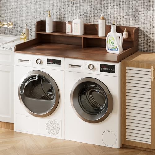 Apetaccat Arbeitsplatte für Waschmaschine und Trockner mit 2-stufigem Regal, Wasserabweisende Waschmaschinenabdeckung, Waschmaschinenregal mit Anti-Rutsch-Pads, Abdeckung Waschmaschine Holz, Walnuss