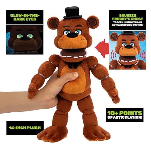 Image of Jazwares Five Nights at Freddy's 14 inch Poseable Sound Classic Freddy Plush - 4 Sounds, and Glow-in-The-Dark Eyes - Ages 8+