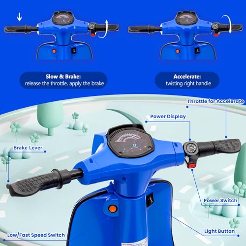 24V Electric Motorcycle for Kids - Electric Scooter with Seat for Kids 8-14 - Ride On Scooter with LED Light, Blue