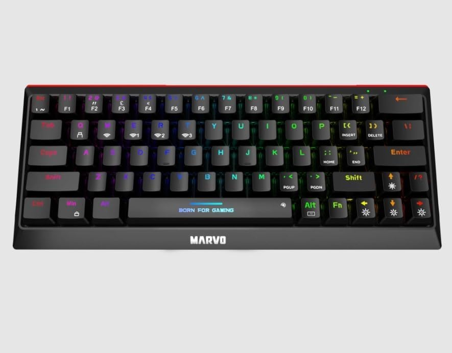 Top-down view of Marvo KG962W keyboard with RGB lighting active.
