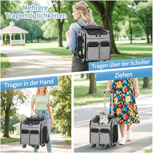 OUUTMEE Haustiertragetasche, Tragetasche mit Rollen, Katzentragetasche mit Rollen, für Katzen und kleine Hunde, 4-Wege-Handtasche, multifunktionaler Rucksack, atmungsaktiv Grau