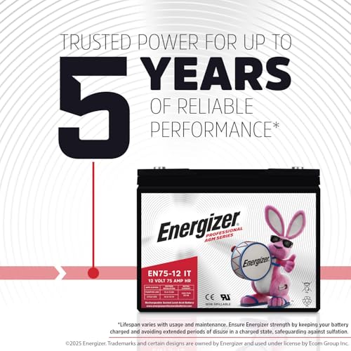 Image of Energizer EN75-12IT, 12 Volt 75 Amp Hr, Long Lasting Sealed Lead Acid AGM Rechargeable Battery Ideal For Use In Wheelchairs, Electric Scooters, Sump Pumps, and more