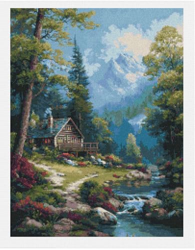 Image of Moohue 14CT Counted Cross Stitch Kits for Adults Advanced Mountains Lake Printed Stamped Cross Stitch Kits for Adults (Mountain Lake 5)