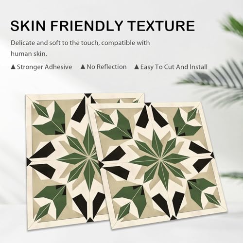 Image of Nuxovilar Peel and Stick Vinyl Floor Tiles, 12x12 Inch | Retro Dark Green Starburst Geometric Pattern, Self-Adhesive Flooring (10 Pcs)