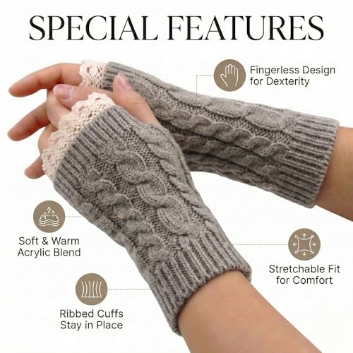 Image of Kraptick Women's Cable Knit Fingerless Gloves - Winter Arm Warmers with Elegant Lace Trim & Thumb Hole - Soft Woolen Thermal Half Finger Mittens for Typing, Driving & Office Work (Free Size, khaki)-1