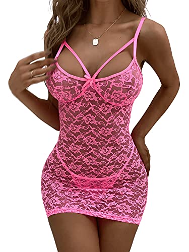 SOLY HUX Women's Floral Lace Sheer Babydoll Lingerie Chemise with Thong Pink