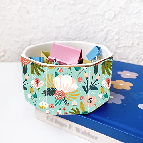 Leazul Ceramic Paper Clip Holder Gold Line Paper Clip Dispenser Organizer For Desk Cute Floral Pattern Office Binder Clip Holder Bobby Pin And Hair Clip Holder Gift For Office Mint Flowers #TOP1