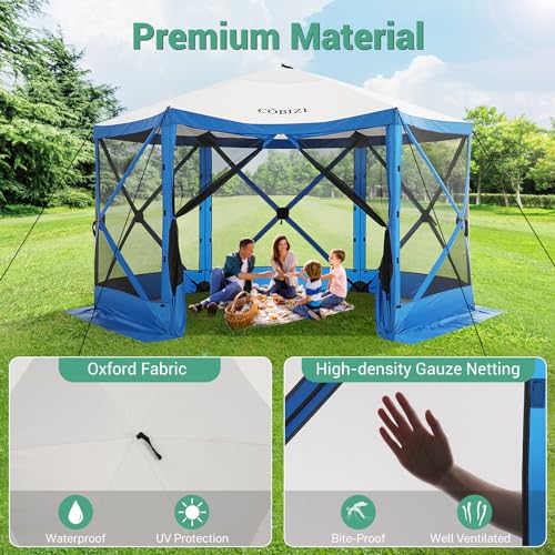 Image of COBIZI 12x12 pop up Gazebo on Clearance Screen Canopy Tent, Camping Outdoor Screened Gazebo with Sidewalls, Portable Hub Tent with Carrying Bag and Ground Stakes, Blue