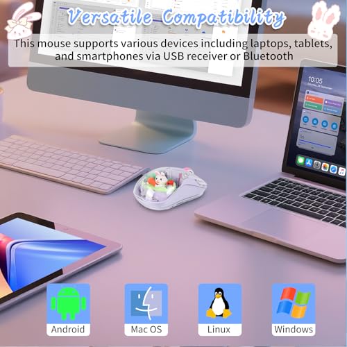 Image of elec Space Cute Wireless USB C Mouse - Bluetooth Triple Mode Rechargeable Cartoon Mouse for Laptops, iPads & MacBook Air /Pro - Silent Operation, Portable Design, Unique Magnetic Character (Purple)