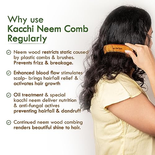 Nat Habit Kacchi Neem Wooden Bounce Comb Soaked In 13 Herbs, Neem & Sesame Oil - For Voluminous Hair, Gentle Detangling & Styling (Wide Tooth) Pack of 1