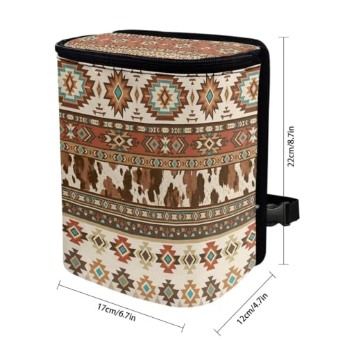 Image of Talayituse Aztec Tribe Brown Cow Print Car Trash Can with Lid, Leak Proof Auto Trash Bag Hanging Vehicle Garbage Can Multipurpose Storage Container for Back Seat Road Trip