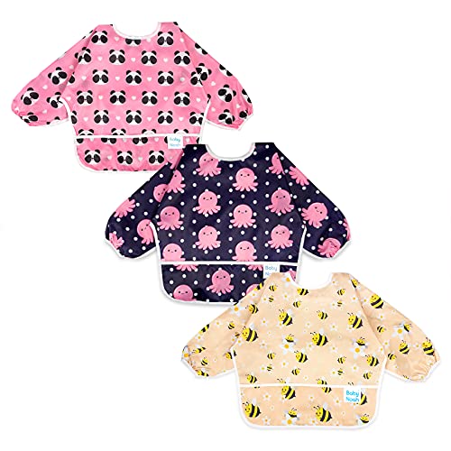 Image of 3 Pcs Long Sleeved Bib Set|Baby Waterproof Bibs with Pocket Bundle|Toddler Bib with Sleeves|Stain Resistance Smock 6-24 Month
