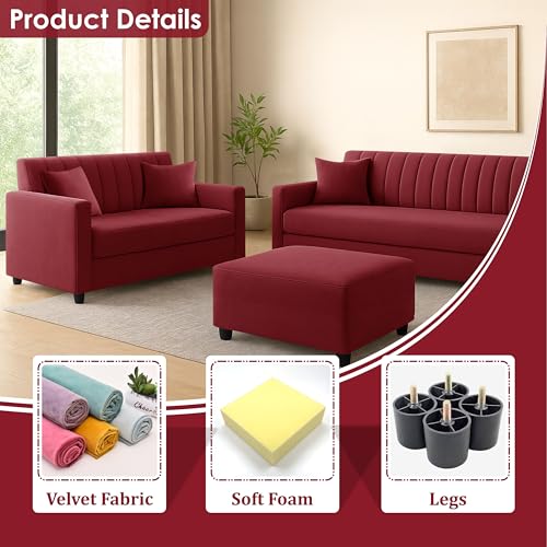 Image of 3+2 Fabric Sofa Set with Ottoman for Living Room | Modern Upholstered 5-Seater Couch | Soft Cushion, Premium Velvet Fabric-Red