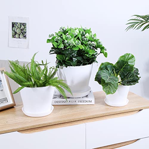 JERIA 10-Pack 6.5\" Plastic Plant Pots with Drainage Hole and Trays, Modern Flower Pots for All House Plants, Succulents, Flowers, and Seeding Nursery, White
