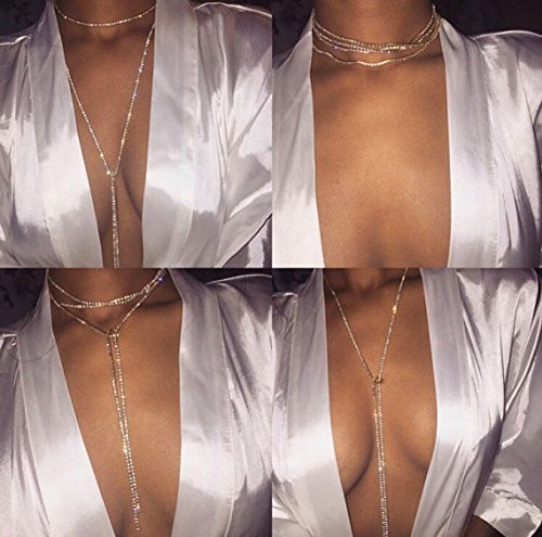 Kercisbeauty Muti Row Boho Tennis Chain Rhinestones Choker Long Chain Necklace for Women and Girls Jewelry (Gold)