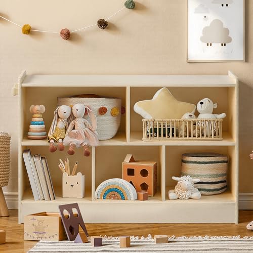 Image of Wooden Kids Storage Cabinet, 5-Section Toddler Montessori Bookshelf, Kids Organizer for Classroom, Playroom, Kindergarten, Medium Size