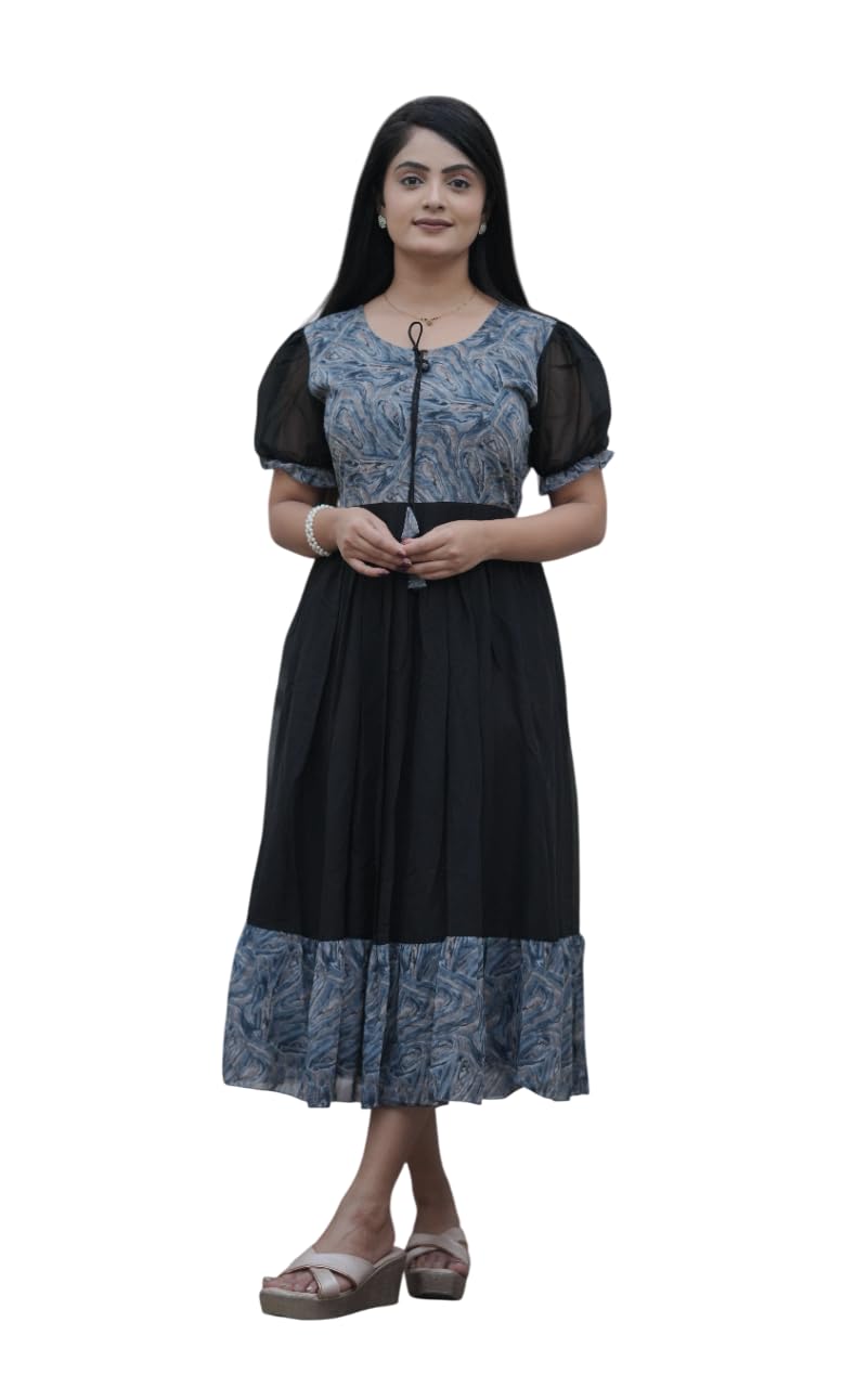 eightone Women Georgette Printed Maxi Dress | Round Neck Tiered Flared Long Gown | Puff Sleeve Western Maxi Frock | One Piece Long Dress for Women Stylish-picture-35