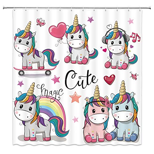 AMNYSF Unicorn Shower Curtain Cute Magic Unicorns Cartoon Butterflies Rainbow Star Heart Music