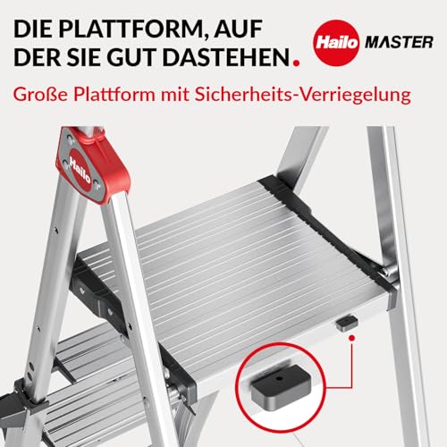 Hailo Master TL100 Topline 3-in-1 Alu Teleskopleiter - Flexible Arbeitshöhe 3-5 Stufen belastbar bis 150 kg - 2,65-3,09 m Arbeitshöhe einstellbar - extragroße Plattform - Leiter ausziehbar - Aluleiter