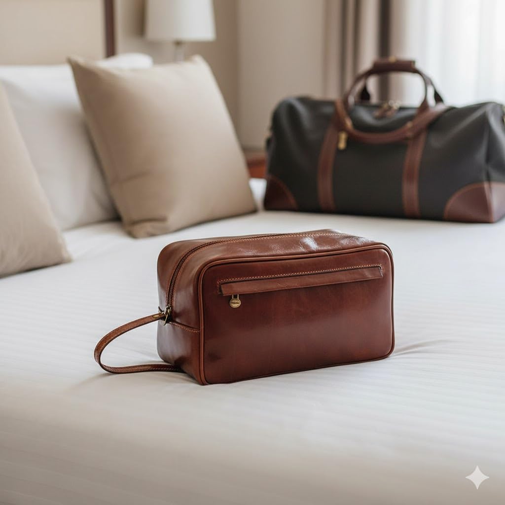 Beauty in Pelle Marrone, Borsa da Toilette da Viaggio con Cerniera e Manico Laterale