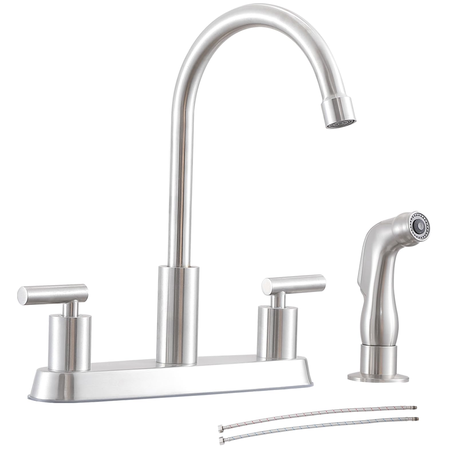 COMLLEN 4 Hole Kitchen Faucet with Sprayer, 3 Hole Brushed Nickel Kitchen Sink Faucet, High Arc Faucet for Kitchen Sink, 2-Handle Stainless Steel Kitchen Faucet with Side Sprayer