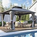 COVERONICS 12' x 12' Outdoor Galvanized Hardtop Gazebo - Aluminum Heavy-Duty Double Roof Vented Gazebo with Breathable Netting & Privacy Curtains for Patio, Porch, Garden, Lawn