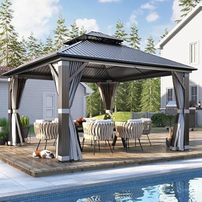 COVERONICS 12' x 12' Outdoor Galvanized Hardtop Gazebo - Aluminum Heavy-Duty Double Roof Vented Gazebo with Breathable Netting & Privacy Curtains for Patio, Porch, Garden, Lawn