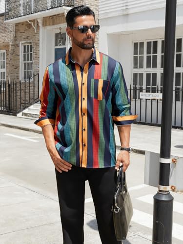 Hardaddy Men's Hawaiian Shirt Long Sleeve Striped Beach Casual Button Down Shirts with Pocket Multicolor XL4