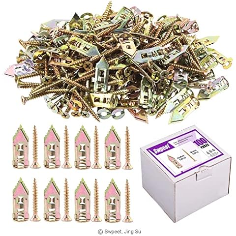 Swpeet 200Pcs Drywall Self-Drilling Anchors with Screws Kit, No Drill Or Holes in Wall Perfect for TV, Bike, Shelf Straps, Cabinet & Fixing Curtains (100PCS Steel Anchors and 100PCS Zinc Screws) Cover
