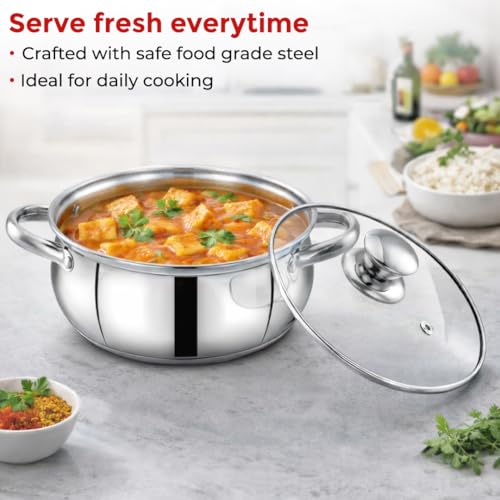 Image of Avias INOX IB Belly Stainless Steel Cookpot with Glass Lid, Triply Induction Bottom, Multi Purpose Cooking Pot, Gas & Induction Compatible, Durable & Long Lasting 14cm