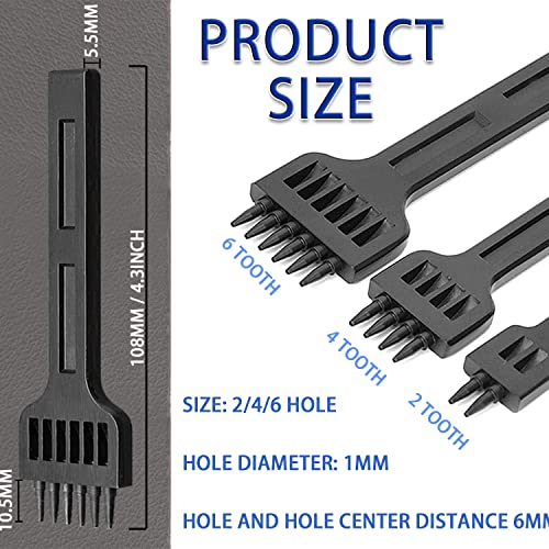 Prong Punch Tool Set - 3Pcs 6Mm Leather Row Round Hole Tooth Punch Tool, 2/4/6 Prong Tooth Circular Cut Lacing Stitching Chisel Diy Leathercraft Punching Accessories Kits For Leather Craft Supplies #TOP1
