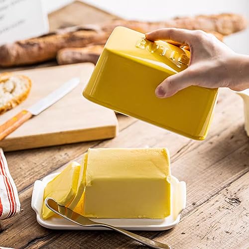 Porcelain Covered Butter Dish with Lid for Countertop Butter Holder Container for One Stick of Butter. Textured Tray Butter Keeper for Non Slip Storage-Yellow - Image 2