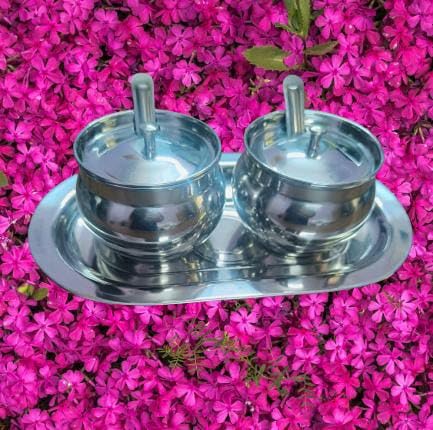 Image of AQUANERO+ Stainless steel Ghee Pot 250ml capacity with spoon, lid,Tray used for Pickle container Jar set ghee pot tray set - for Modular Kitchen set