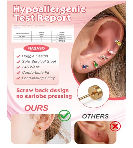 Ngiftey 8 Pairs Screw Back Stud Earrings, Gold Plated | Hypoallergenic, 20G Surgical Stainless Steel, Flat Back, Designed for Sensitive Ears, Cute Dinosaur Cartilage - image 2