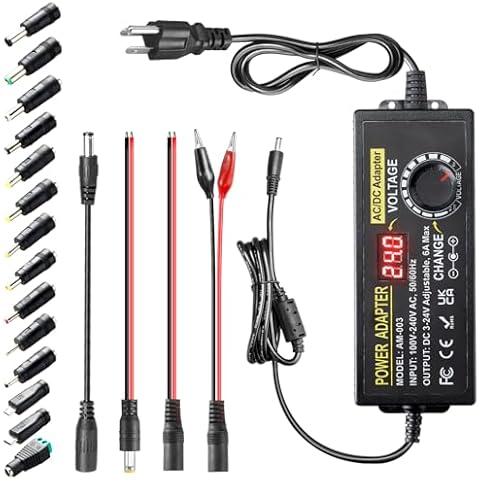 3V~24V 6A 144W Adjustable Power Supply 3V 5V 6V 9V 10V 12V 15V 18V 20V 24V Universal Variable Switching Power AC/DC Adapter,100V-240V AC to DC Converter with 14 Tips & Polarity Converter & 3Test Leads Cover