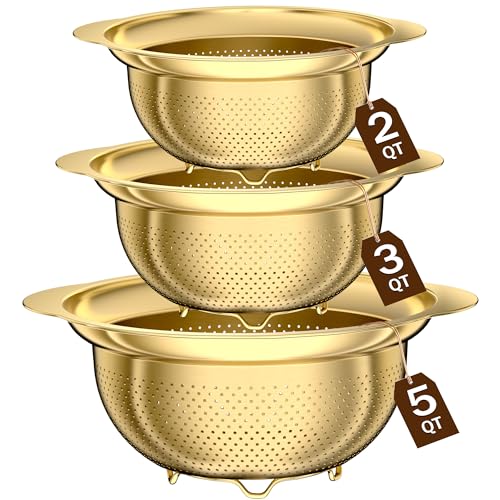 Image of Stainless Steel Strainers for Kitchen, Stainless Steel Colander, Kitchen Strainer for Pasta Fruits Vegetables, 3 Pack Strainers and Colanders(5QT, 3QT, 2QT), Rust-Proof & Dishwasher Safe, Gold
