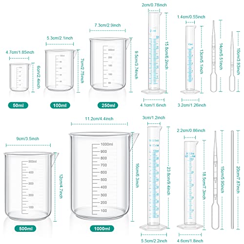 Glass Plastic Graduated Cylinder Beaker Set, Thick Lab Cylinders (10 Ml, 25 Ml, 50 Ml, 100 Ml), Beaker (50 Ml, 100 Ml, 250 Ml, 500 Ml, 1000 Ml) With 3 Glass Dropper 4 Stirring Rod 7.9 Inch (Plastic) #TOP2