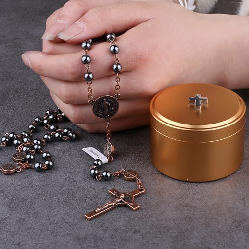 HanlinCC 6mm Hematite Stone Black Beads Saint Benedict Catholic Rosary Necklace with Titanium Metal Cross Gift Box for Men Women (Gold)